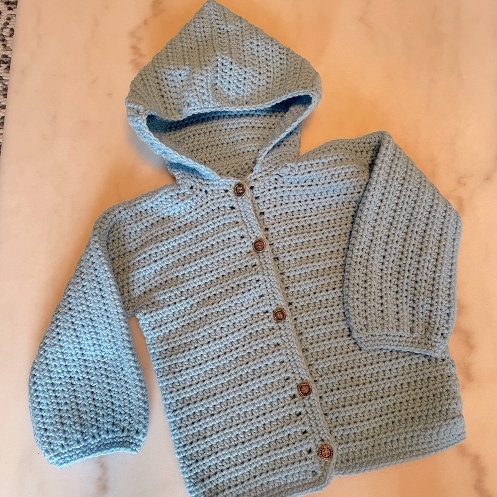 Baby Hooded Crochet Cardigan Sweater in Light Blue